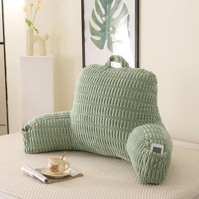 Reading Pillow for Sitting in Bed, Large Backrest Reading Pillow with Arm Rest,Back-Rest Support Cushion for Sit Up on Couch, Sofa, and Floor, Dorm Essentials (Green Corduroy, Standard(17"))