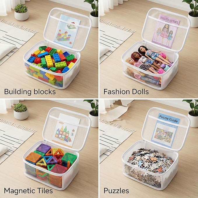 HOLAY Clear Toy Storage Bags with Handle, 4 Pack Playroom Storage Organizer Bins Kids Toys, Board Games, Busy Bags, and Homeschool Supplies –Transparent PVC with Reinforced Base(White, Small)