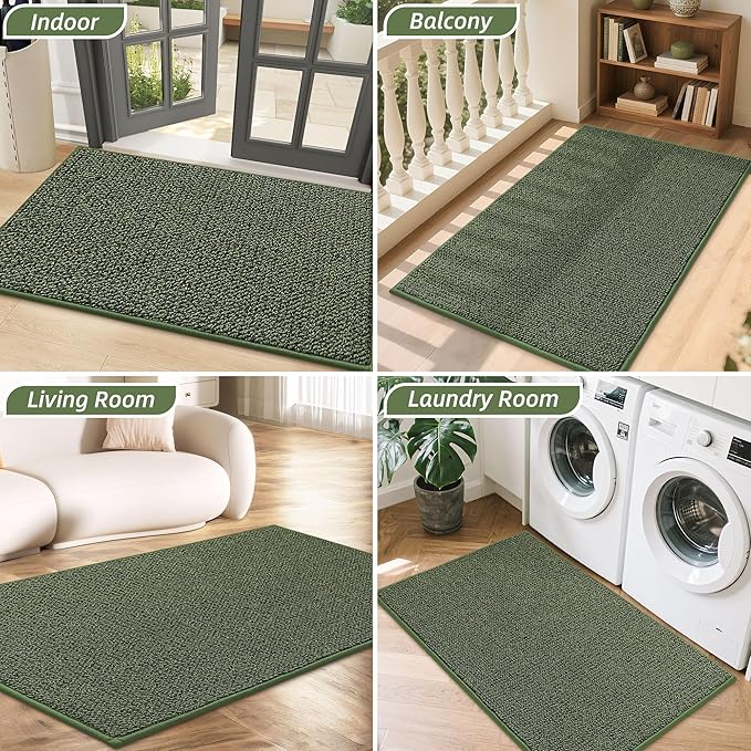 BEQHAUSE Dirt Trapper Door Mat 17" x 30", Non-Slip Doormats (Rolled-Up NO Creases) Washable Entryway Rug, Dirt Resist and Absorbent Welcome Mat, Low Profile Floor Mats for Front Back Door, Green