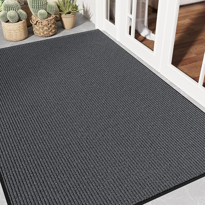 Front Door Mat 4' x 6', Heavy Duty Door Mat Outside Entrance, Non-Slip Welcome Mat, Muddy Mats for Indoor Outdoor, Absorbent & Resist Dirt Entry Mat, Low Profile Commercial Floor Mat, Grey