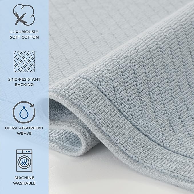 Arkwright 2 Piece 100% Cotton Bathroom Rug Set - High Absorbent Stylish Textured Woven Design Bath Mat, Slip Resistant Backing for Shower and Bathtub Floor, 17x24 & 20x32 in - Blue
