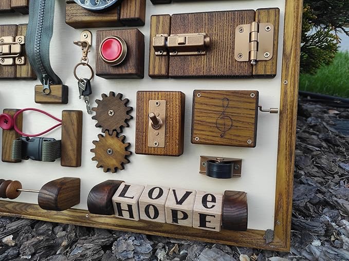 Dementia activity board, wall sensory board for adults, senior busy board, latch board for dementia and Alzheimer patients, rehab tool for care homes and memory centers (with personalized blocks, red)