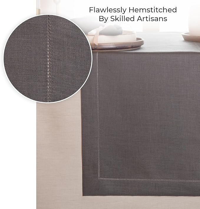 D'Moksha Homes Linen Charcoal Grey Table Runner 60 Inches - Classic Hemstitch, 100% Pure Linen Coffee Table Runner 14 x 60 Inch Ideal for Dresser Tables - Spring, Easter