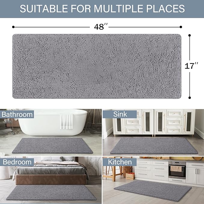 LOCHAS Luxury Bathroom Rug Shaggy Bath Mat 48 x 17 Inch, Washable Non Slip Bath Rugs for Bathroom Shower, Soft Plush Chenille Absorbent Carpets Mats, Gray