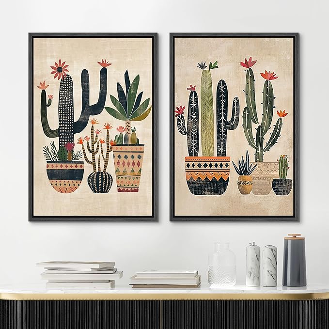 MUDECOR Framed Canvas Print Wall Art Set Mexican Cactus Tropical Botanical llustrations Modern Art Decorative Bohemian Calm/Zen for Living Room, Bedroom, Office - 16"x24"x2 Black