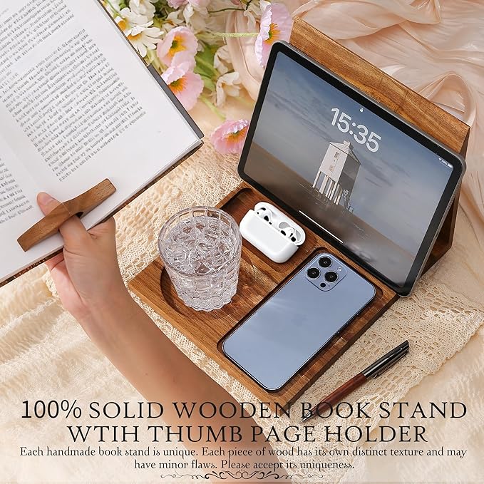 Book Holder Stand for Reading Rest, Wooden Foldable Bookshelf with Thumb Page Holder, Cup, iPad & Phone Stand, Book Nook Reading Valet Desktop Triangle Bookstand for Readers Bookworms Gifts