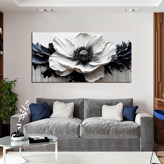 Black and White Flower Wall Art for Bedroom - Large Canvas Wall Art Living Room - Floral Wall Decor for Teen Girls Size 29" x 59"
