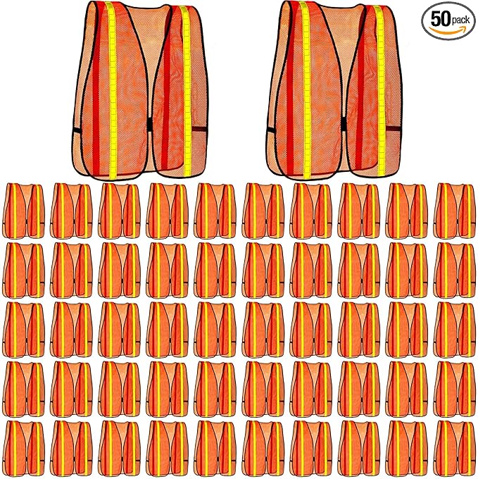 Haysandy 50 Pcs High Visibility Reflective Safety Vest Construction Vest Strips Neon Mesh Universal Size for Men Outdoor (Neon Orange)