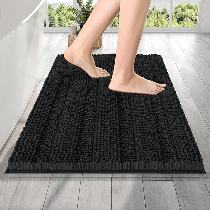 OLANLY Thick Bathroom Rugs 24x16, Extra Soft Absorbent Chenille Striped Bath Rugs, Rubber Backing, Machine Wash Dry, Bath Mats for Bathroom Floor, Tub and Shower, Home Decor Accessories, Black