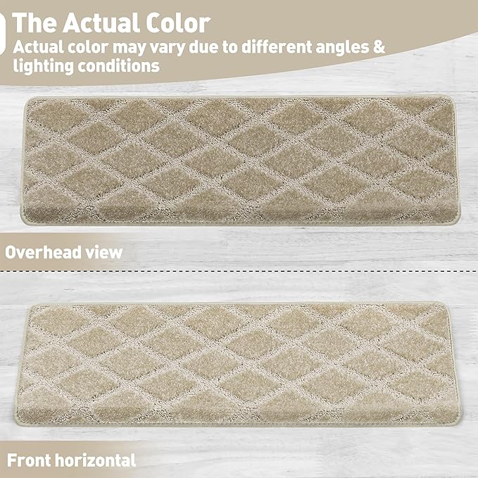 PURE ERA Bullnose Carpet Stair Treads Tape Free Non-Slip Indoor Stair Protectors Pet Friendly Stair Treads for Wooden Steps 9.5" x 30"(2 Pieces, Cream Gray Diamond Trellis)