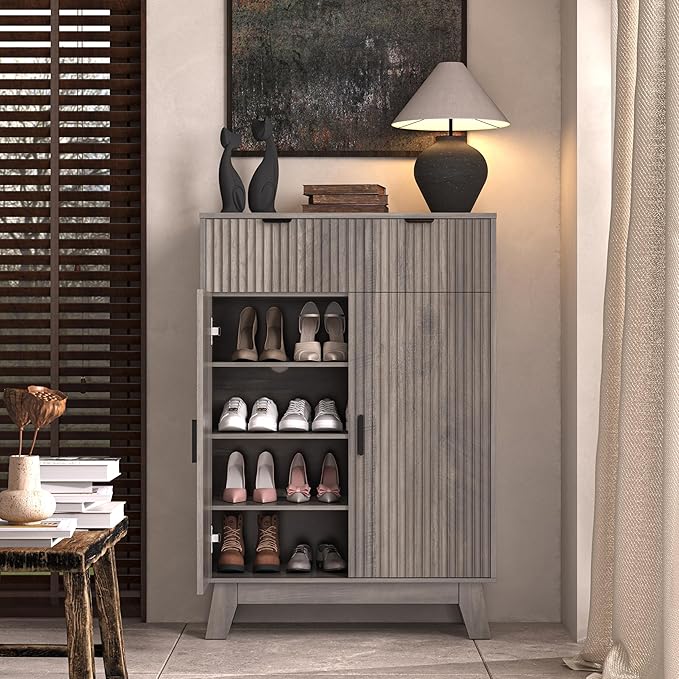 Fluted Shoe Cabinet, 4-Tier Mid Century Modern Narrow Shoe Storage Cabinet with Doors & 2 Drawers, Adjustable Shelves, Freestanding Hidden Shoe Rack Organizer & Wooden Legs for Entryway