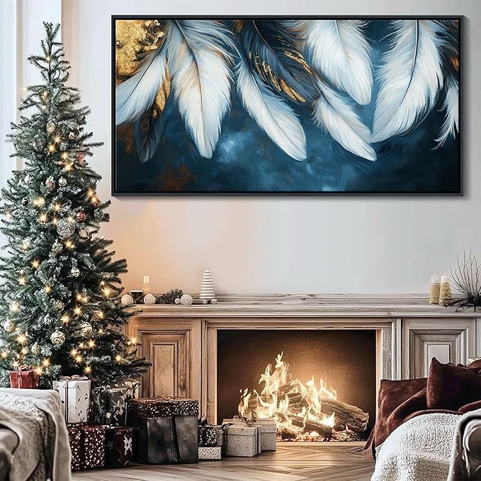 Mofutinpo Blue and Gold Wall Art Framed Navy Blue Decor for Living Room Feather Canvas Art Wall decorations, Blue Bedroom Wall Decor Above Bed Pictures Wall Decor, Painting - Artwork for Walls 20×40IN