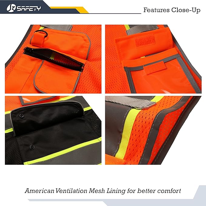 JKSafety 9 Pockets Hi-Vis Fluorescent Color Mesh Reflective Safety Vest for Men Women | Chaleco de seguridad para hombres y mujeres (100-Orange-Black 4XL)