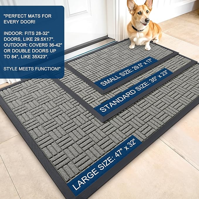 OLANLY Front Door Mat Outside Entrance 47x32, Absorbent, Heavy Duty Sturdy Natural Rubber Doormat Indoor Outdoor, Non-Slip, Stain and Fade Resistant, Low Profile Floor Mat for Entryway, Modern Gray