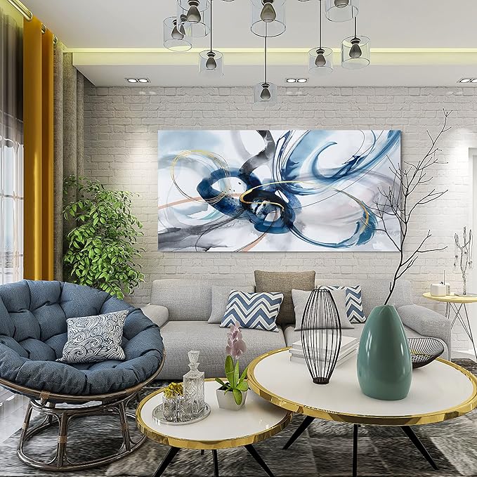 yiijeah Large Abstract Canvas Art Elegant Combination of Tones Modern Living Room Wall Decor Black and White Gray Background Blue Gradient Picture