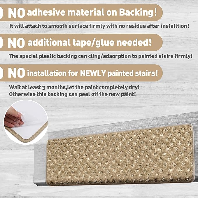 PURE ERA Bullnose Carpet Stair Treads Set Tape Free Non-Slip Indoor Stair Protectors Pet Friendly Rugs 9.5" x 30"(14 Pieces,Khaki Mini-Diamond Trellis)