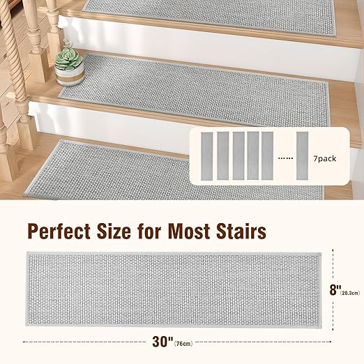 Deerly Carpet Stairs Runner Non Slip 7pcs Breathable Linen Stair Runner for Wooden Steps Peel and Stick Stairs Treads Indoor Absorbent Staircase Covers Mat with Self-Adhesive Backing 8"X30" Grey