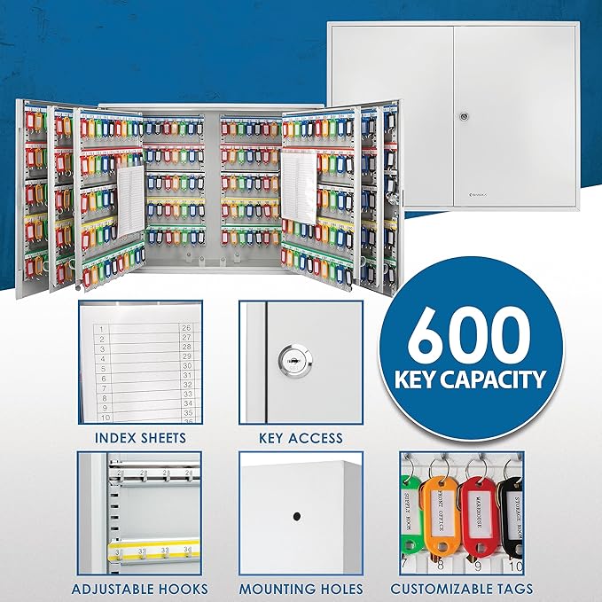 Barska 600 Position Key Cabinet – Wall Mount Key Safe with Numbered Hooks, Index Log Sheet, Colored Tags, Adjustable Dividers, Steel Construction for Office or Commercial Use