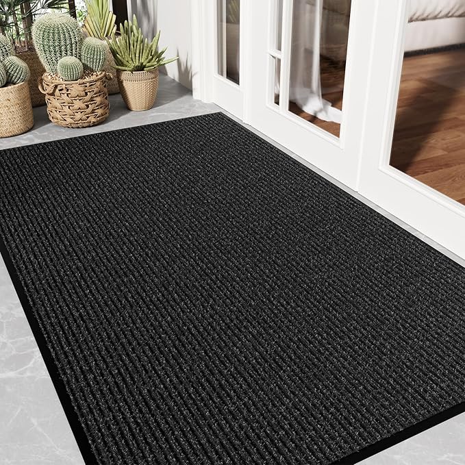 Front Door Mat 3' x 5', Low Profile Heavy Duty Door Mat Outside Entrance, Non-Slip Large Commercial Floor Mat, Absorbent & Resist Muddy Dirt, Easy Clean Welcome Entry Mat Indoor Outdoor, Black