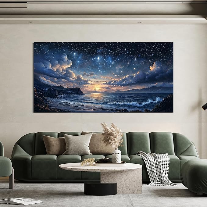 Canvas Wall Art Decor Large Wall Art Pictures for Living Room Landscape Coastal Wall Art Canvas Art Wall Decor Star Night Blue Artwork for Walls Prints Art Work for Room Office Home Wall Decor 29"x58"