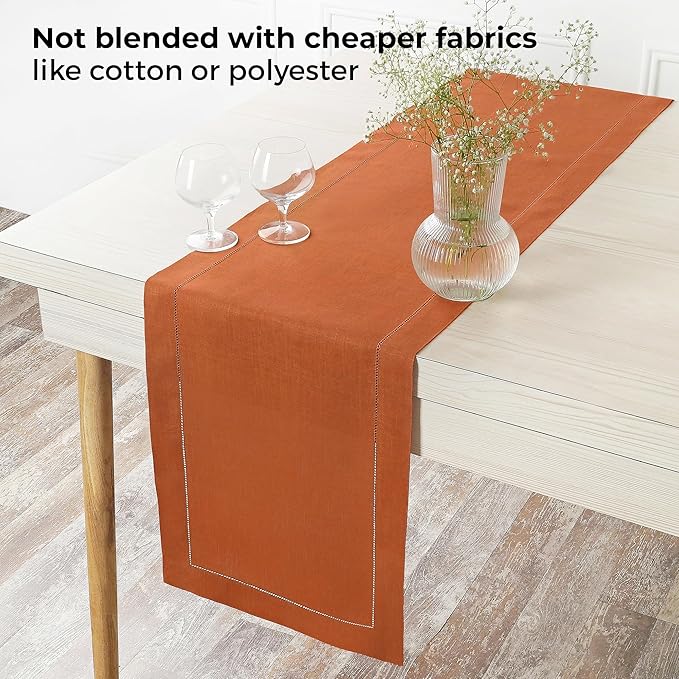D'Moksha Homes Linen Rust Table Runner 60 Inches - Classic Hemstitch, 100% Pure Linen Coffee Table Runner 14 x 60 Inch Ideal for Dresser Tables - Spring, Easter
