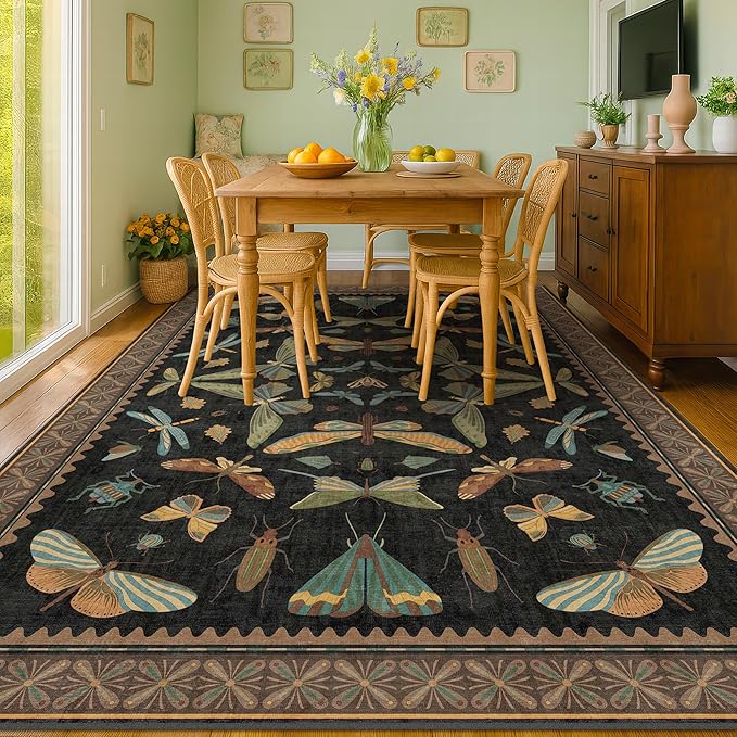 Black Washable Insect Area Rugs 8x10 for Living Room, Bedroom, Dining Room Under Table, Playroom, Large Dark Whimsical Boho Indoor Rug, Ultra Soft Low Pile Non Slip
