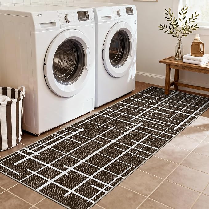 Washable Runner Rug 2x6, Brown Modern Distressed Stripe, Kitchen Runner Rug Non Slip, Woven Thin No Shed Runners for Entryway, Kitchen, Laundry Room- Brown