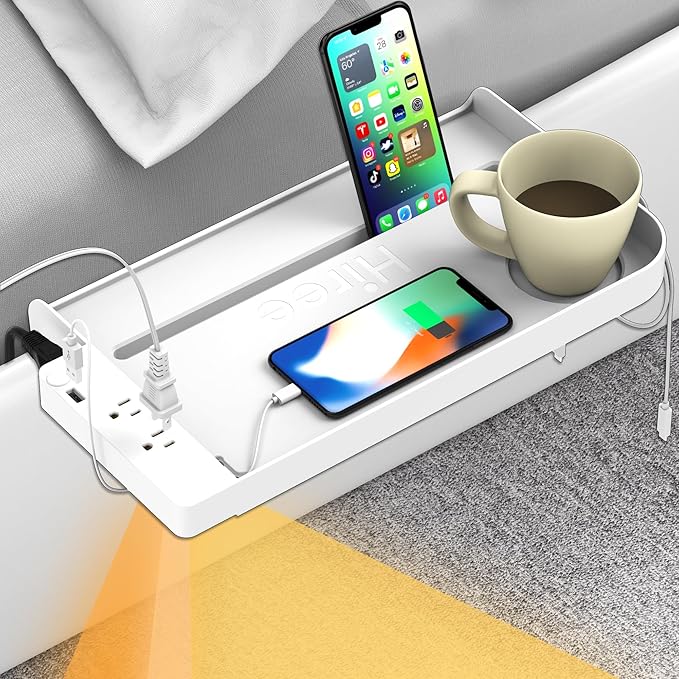 Bedside Shelf for Dorm Bunk Bed with USB Charging Port and 2 AC Outlets, Bedside Caddy, Bunk Bed Extender, Attachable Bedside Table, College Dorm Essential Clip On Bedside Tray, Plus Size, White