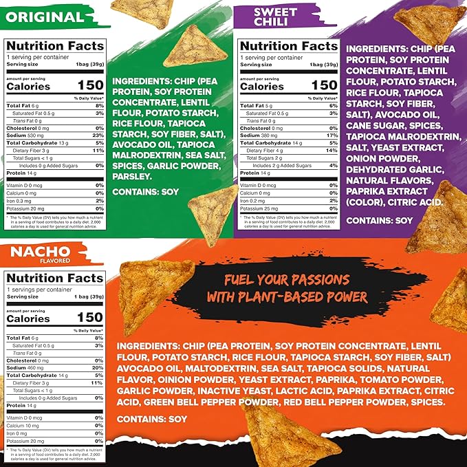 Natural Endurance Protein Chips - Low Carb Chips, High Protein Snack, Vegan Protein with Avocado Oil, 14g Protein Per Bag, Gluten Free, Original, Nacho & Chili - Variety Pack, 1.38 oz Bags (12 Pack)