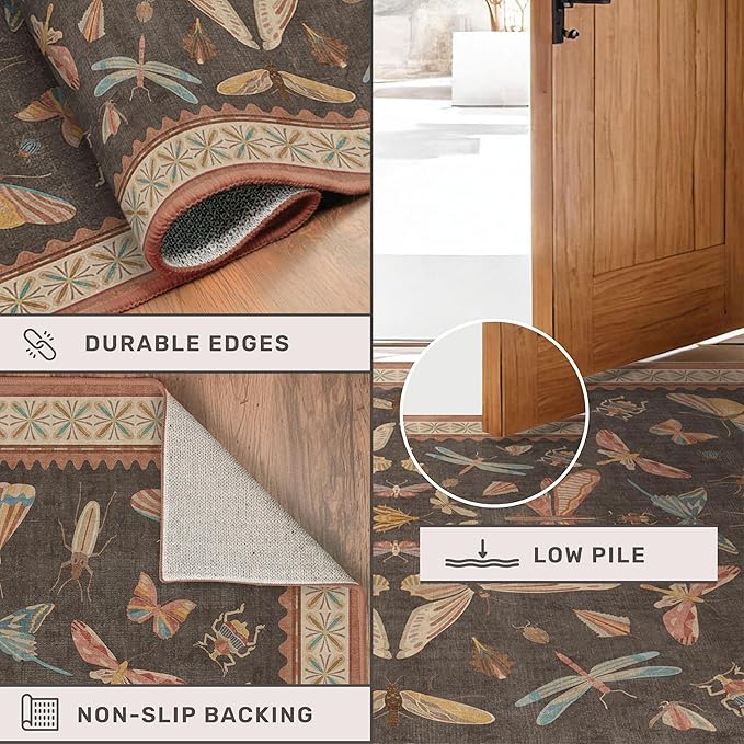Washable Living Room Area Rug 5x7, Ultra Soft Carpet for Bedroom, Dining Room, Vintage Farmhouse Home Décor, Low Pile Non Slip Stain Resistant Rug (Brown & Orange)