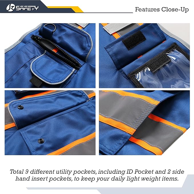 JKSafety 9 Pockets High Visibility Zipper Front Safety Vest | Blue with Dual Tone High Reflective Strips | Meets ANSI/ISEA Standards (901-Blue, Large)
