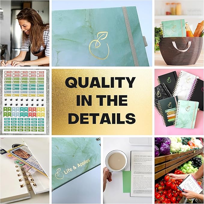 Life & Apples Meal Planner with Grocery List – Undated Weekly Menu & Meal Prep Notebook for Women & Men, Healthy Eating & Weight Loss Planner, 52-Week Spiral Bound Journal, Mint