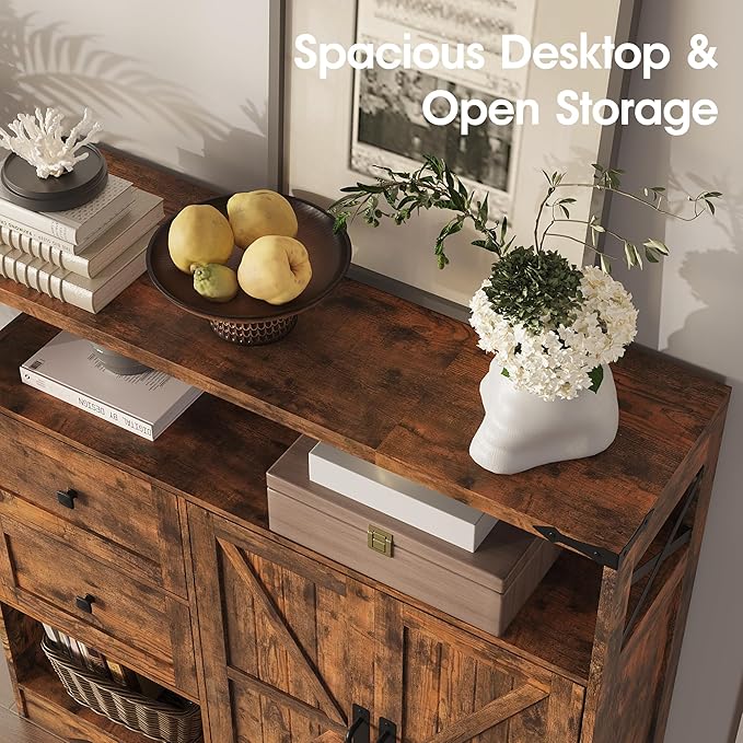 Fameill Farmhouse Storage Cabinet with Drawers and Open Storage,Freestanding Kitchen Pantry with 2 Barn Doors, Floor Cabinet with Adjustable Shelf for Living Room,Brown