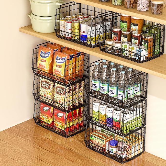 4 Pack Stackable Pantry Organizer and Storage Baskets, Foldable Wire Baskets for Pantry Storage, Large Pantry Organizers for Fruit, Vegetable, Snack, Bread, Produce Storage – Black