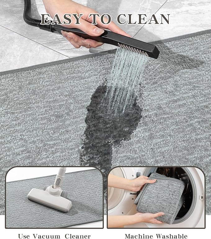 chakme Bathroom Rug Set 3 Piece, Ultra Thin Bath Mat Quick Dry, Absorbent, Non Slip, Machine Washable, Light Grey, 17" x 24" / 17" x 30" / 17" x 59"