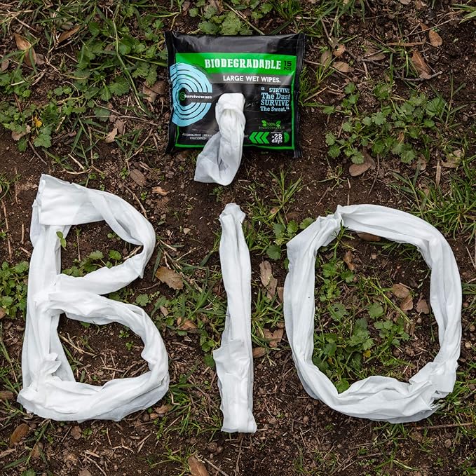 Surviveware Biodegradable Wipes Men or Women - Shower Wet Wipes Face, Body & Butt - Outdoors, Travel, Camping & Post Workout - Total of 60 Wipes - 15 Count, Pack of 4
