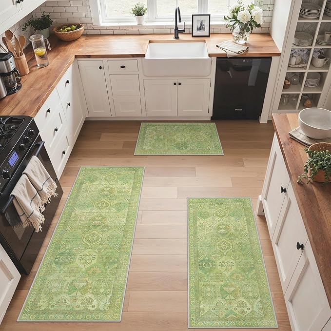 GENIMO Kitchen Mats for Floor Set of 3 Non-Slip Washable, Waterproof Lightweight Kitchen Rugs, Kitchen Floor Mat Runner Rug Carpet for Laundry, Sink, Hallway, Bathroom, Entryway, Spring Green