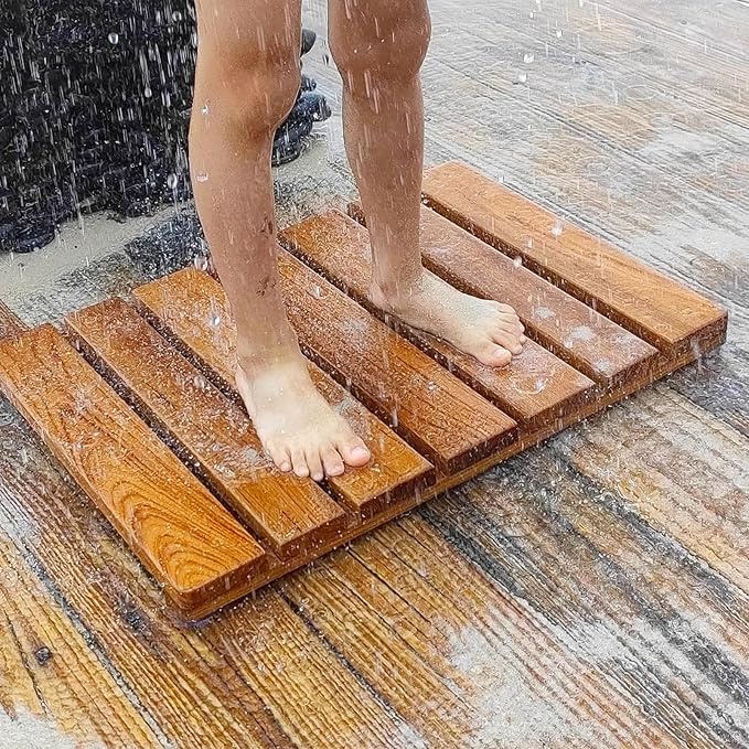 Teak Wood Shower Mat, Non-Slip Bathroom Floor Mat with Silicone Pads, 20.7x14.9 Inch, Water-Resistant for Indoor Outdoor Use, Natural Wood Bath Mat for Shower, Sauna, Pool