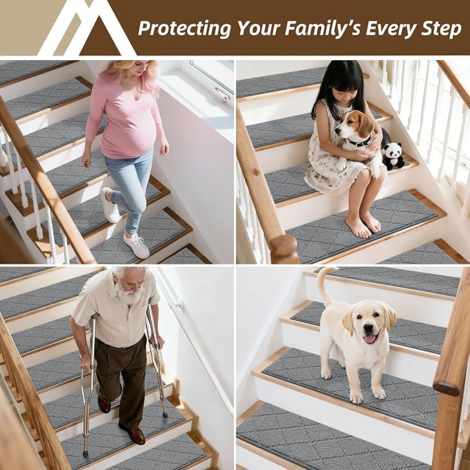 COSY HOMEER Stair Treads for Wooden Steps 9"x28" Washable Indoor Carpet Stair Treads Non Slip Soft Polyester Stair Carpet Tread Reusable Stair Runner Rugs for Kids, Elders,Pets,Medium Grey,7pcs