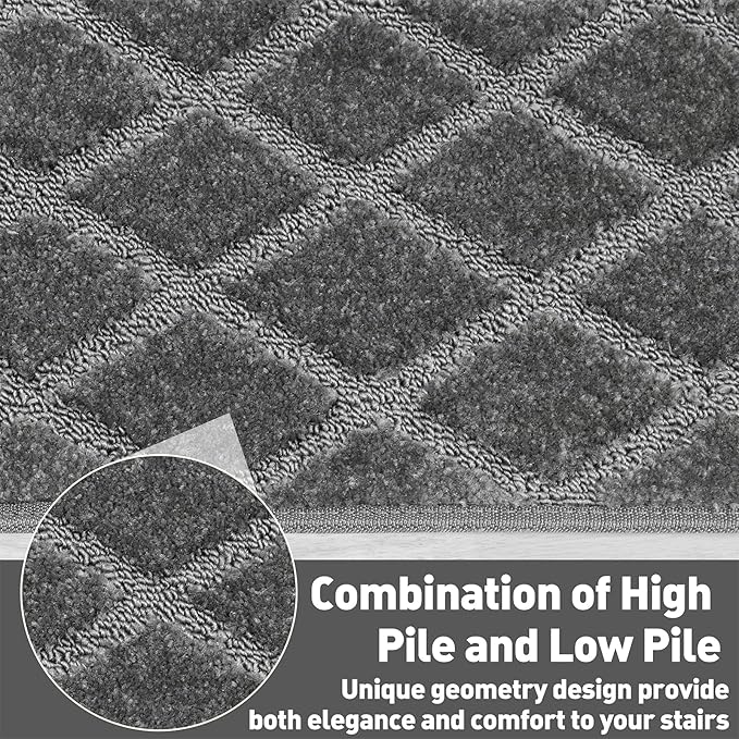 PURE ERA Carpet Stair Treads Tape Free Non Slip Indoor Stair Carpet Stair Protectors Pet-Friendly Non-Slip Skid Resistant Washable Reusable 8" x 30"(14 Pieces,Gray Diamond Trellis)