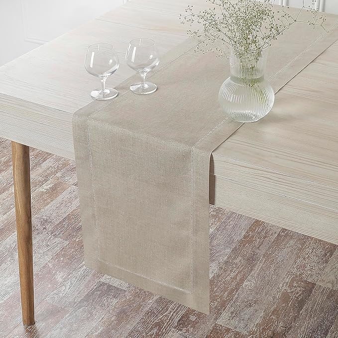 D'Moksha Homes Linen Natural Table Runner 132 Inches Long - 100% Pure Linen Extra Long Table Runner 14 x 132 Inch for Valentines, Spring, Easter - Classic Hemstitch
