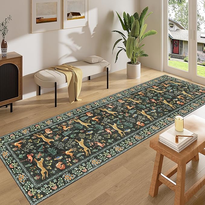 DUKINO Runner Rug, 2x8 Washable Kitchen Rugs for Hallways with Non Slip Backing, Soft Low Pile Vintage Animal Runner for Kitchen, Hallway, Entryway, Laundry, Bedroom, Black