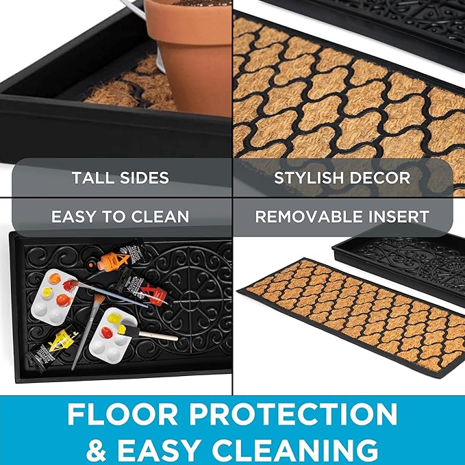 BIRDROCK HOME Rubber Boot & Shoe Tray | Coir Insert | 34" x 14" | Waterproof Shoe Tray for entryway | Trellis Pattern