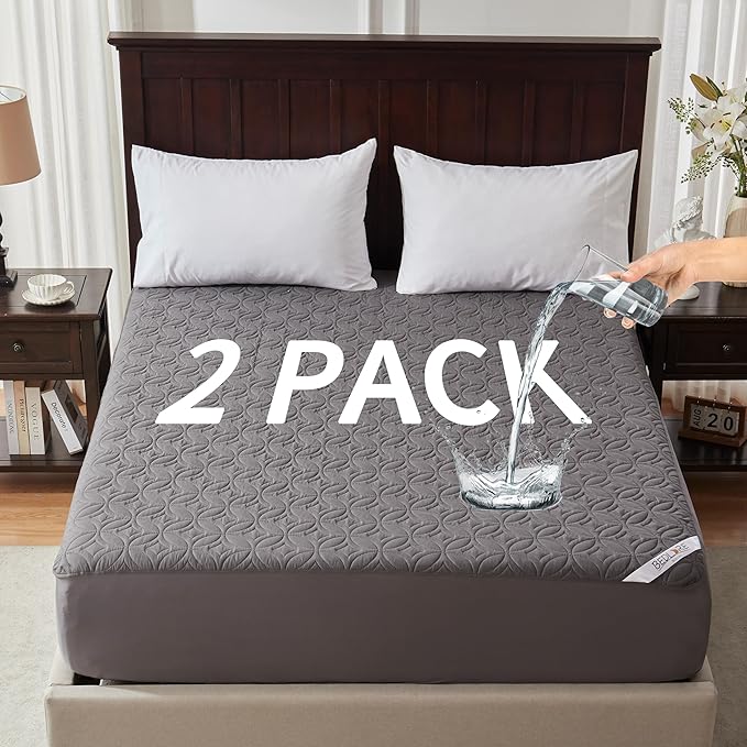BEDLORE 2 Pack Waterproof Mattress Protector, Twin XL Size Mattress Pad with Deep Pocket 6"-15" Depth, Soft Breathable Bed Mattress Cover for Bedroom, College Dorm (Gray)