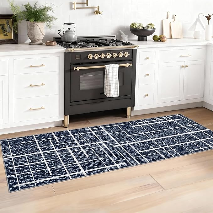 Washable Runner Rug 2x6, Blue Modern Distressed Stripe, Kitchen Runner Rug Non Slip, Woven Thin No Shed Runners for Entryway, Kitchen, Laundry Room- Blue