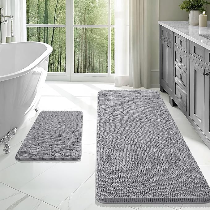 OLANLY Bathroom Rugs Sets 2 Piece, Soft Absorbent Chenille Bath Mats Area Rug Set, Non-Slip, Quick Dry, Machine Washable Bath Mats for Bathroom, Home Decor Accessories (47"x20"+24"x16", Grey)