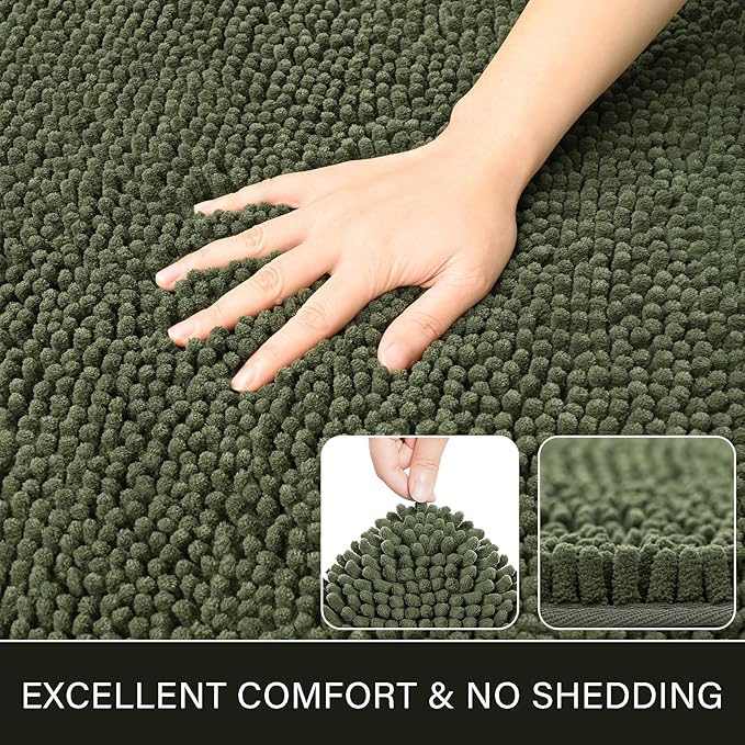 LOCHAS Luxury Bathroom Rug Shaggy Bath Mat 24 x 44 Inch, Washable Non Slip Bath Rugs for Bathroom Shower, Soft Plush Chenille Absorbent Carpets Mats, Olive Green
