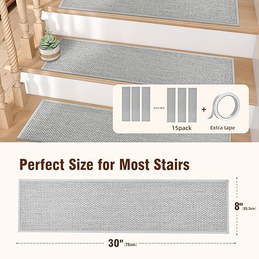 Deerly Linen Stair Treads Non Slip 15pcs Stair Runner for Wooden Steps Peel and Stick Stairs Carpet Treads Indoor Staircase Covers Mat with Self-Adhesive Backing for Pets and Kids 8"X30" Grey