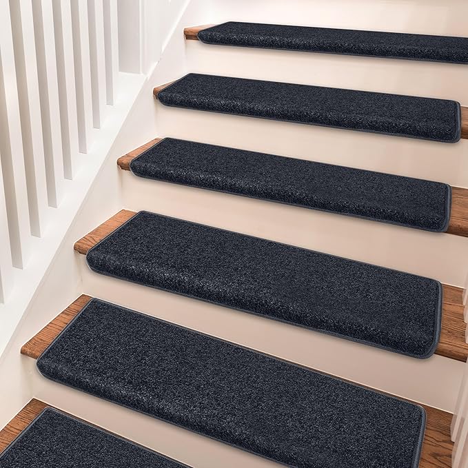 PURE ERA Bullnose Carpet Stair Treads Set Tape Free Non-Slip Indoor Stair Protectors Pet Friendly Rugs Covers Soft Skid Resistant Washable Reusable 9.5" x 30"(7 Pieces,Black)