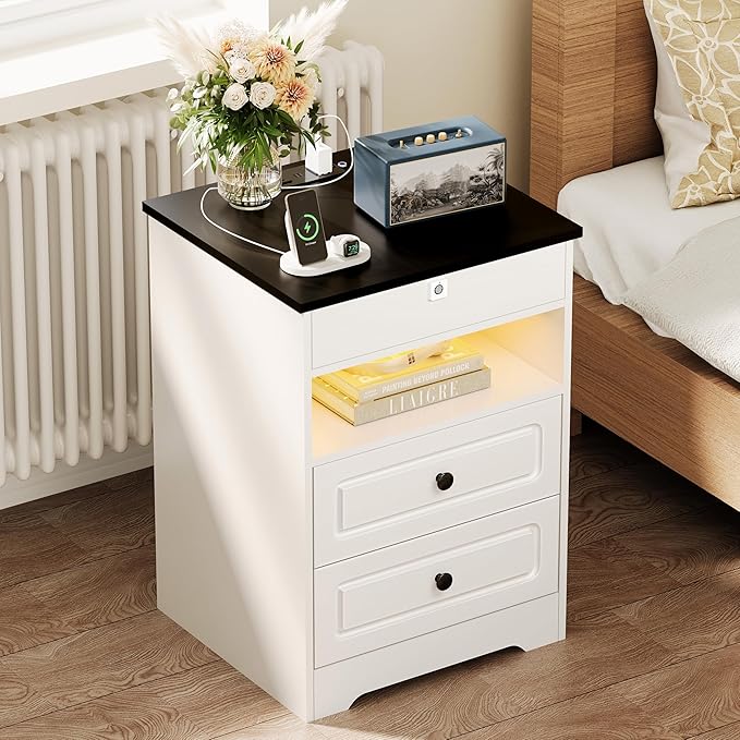 Night Stand Set 2 with Charging Station,Bedside Table with Gun Drawer,Farmhouse End Table and Nightstand,Small SideTable for Bedroom (White-with Gun Drawer, 2-Pcs)